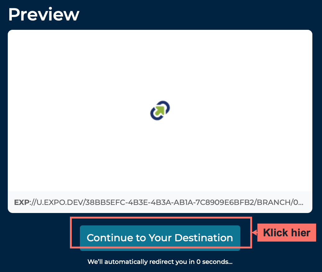 Zwischenseite von Expo mit dem Button „Continue to Your Destination“, der zu bond. weiterleitet